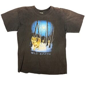 Vintage Mens Wolf Wild Earth Graphic T Shirt XL Nature Forest Moon Retro